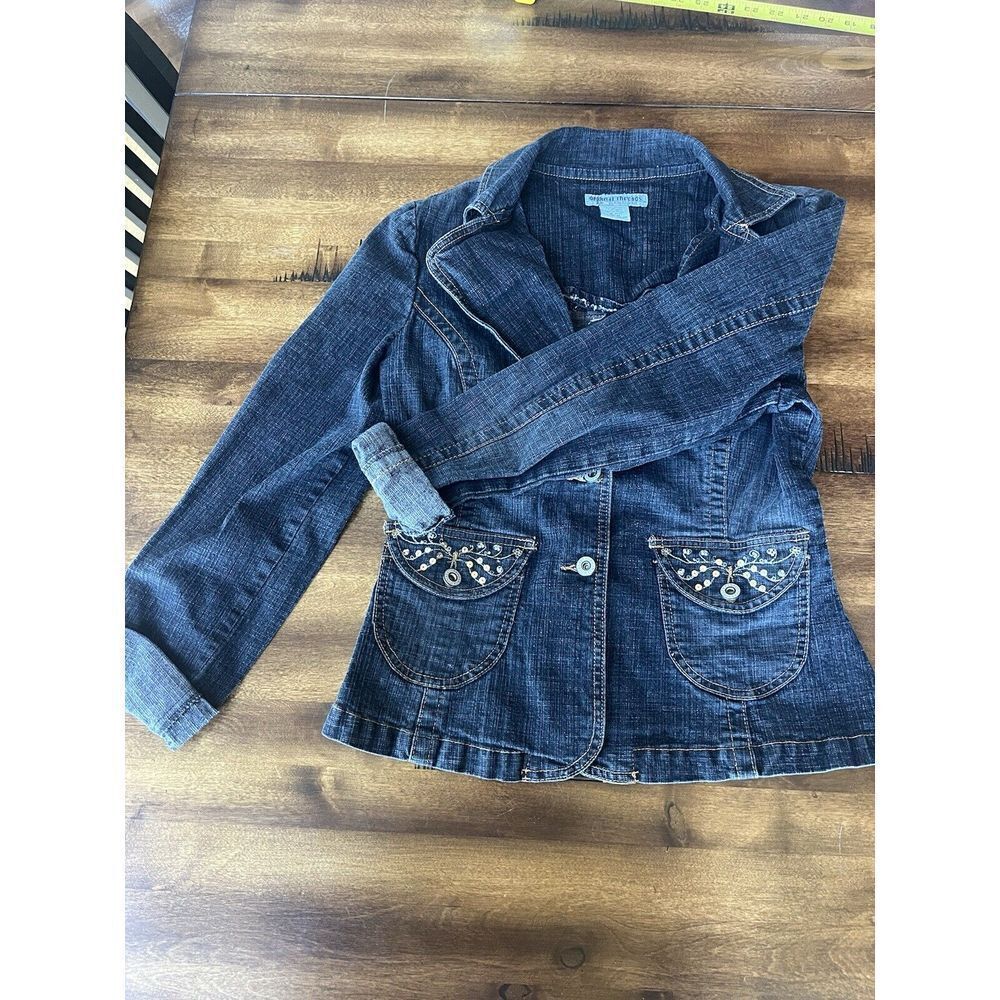 Original Threads Womens Denim Blazer Jacket Dark Wash Embroidered Sequin Size M